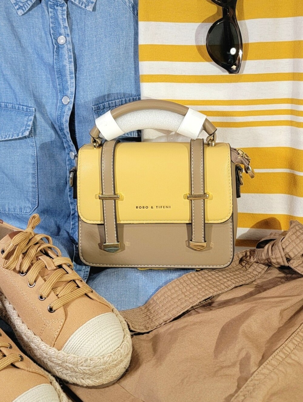 Robo & Tifeni Yellow And Khaki Mini Top Handle Crossbody Bag NWT